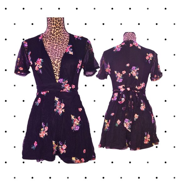 LULUs black romper with flower embroidery details - Picture 1 of 7